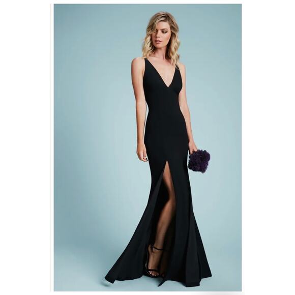 Dress The Population Iris Slit Crepe Black Gown Maxi Dress - Picture 2 of 14